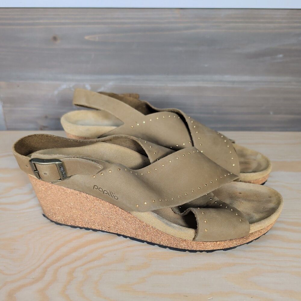 Sz 41 / 10 Papillio Birkenstock Samira Taupe Studded Leather Wedge Sandals READ